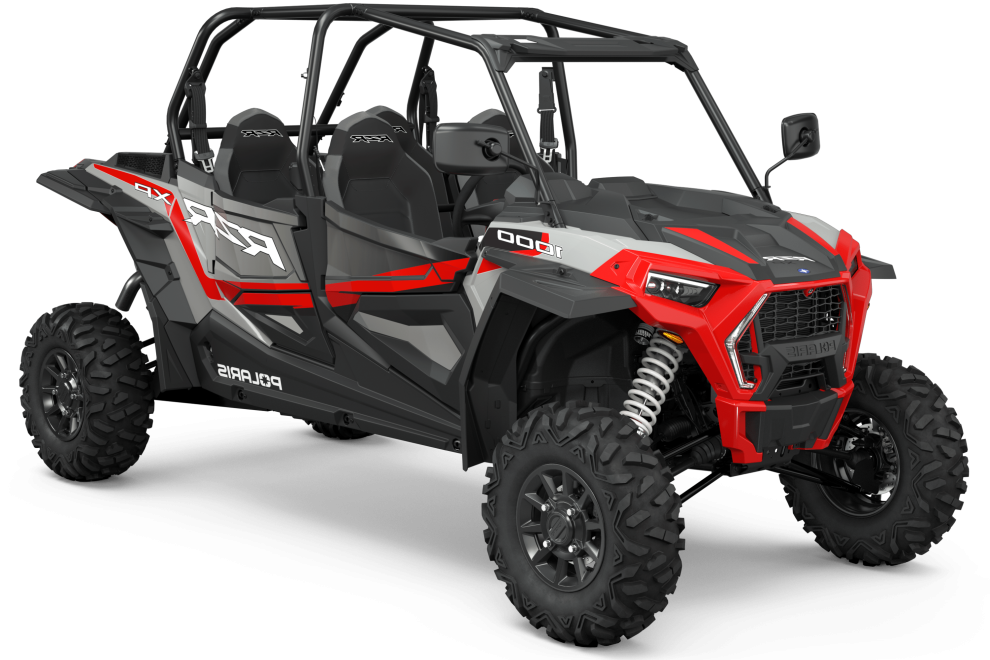 Rode en zwarte Polaris RZR XP 1000 side-by-side off-road voertuig