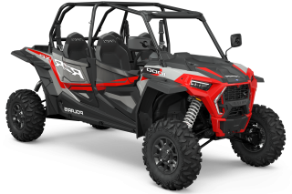 Rode en zwarte Polaris RZR XP 1000 side-by-side off-road voertuig
