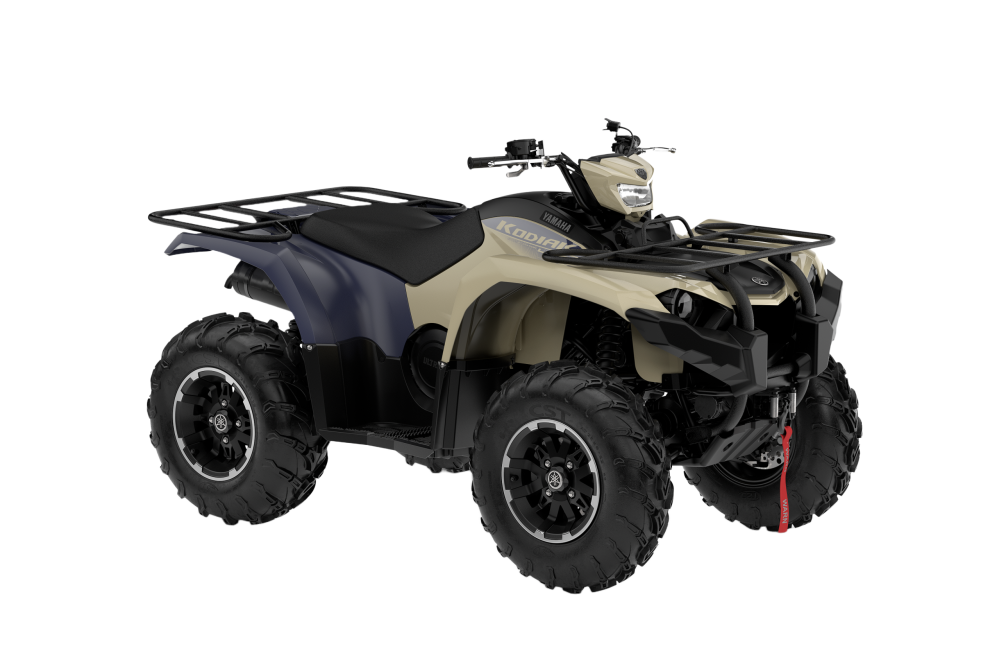 Beige-blauwe Yamaha Kodiak 450 ATV,  schuin van voren