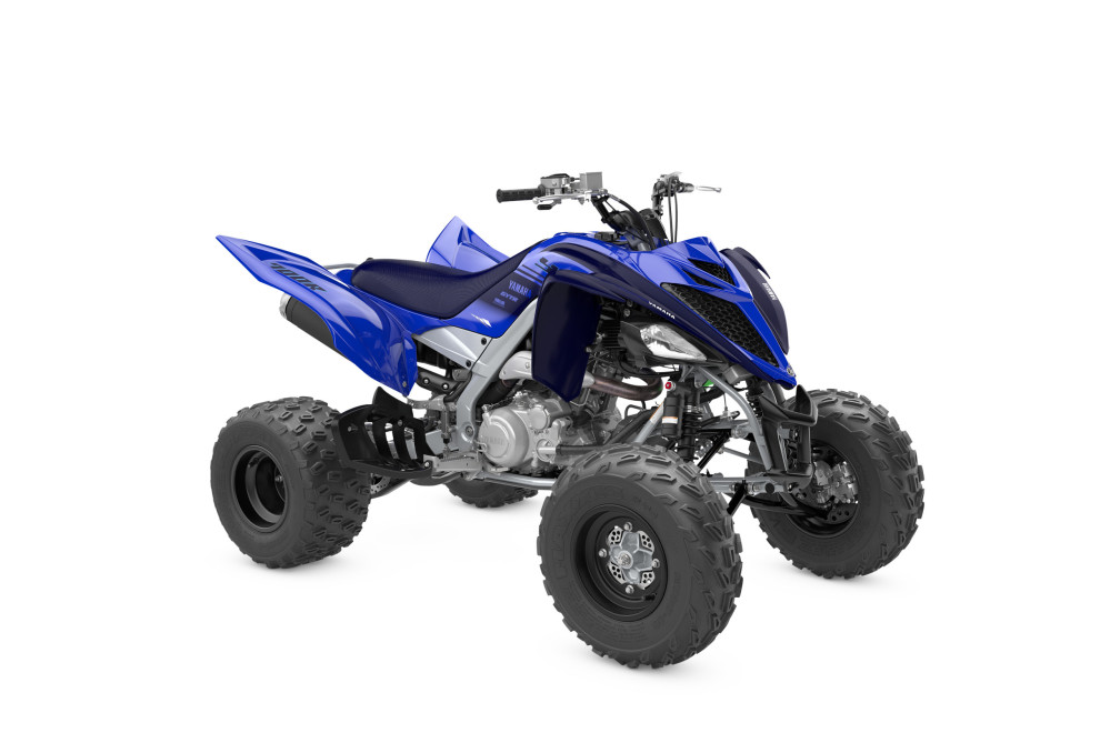 Blauwe Yamaha Raptor sportquad, schuin van voren