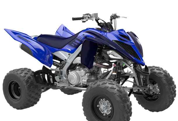 Blauwe Yamaha Raptor sportquad, schuin van voren